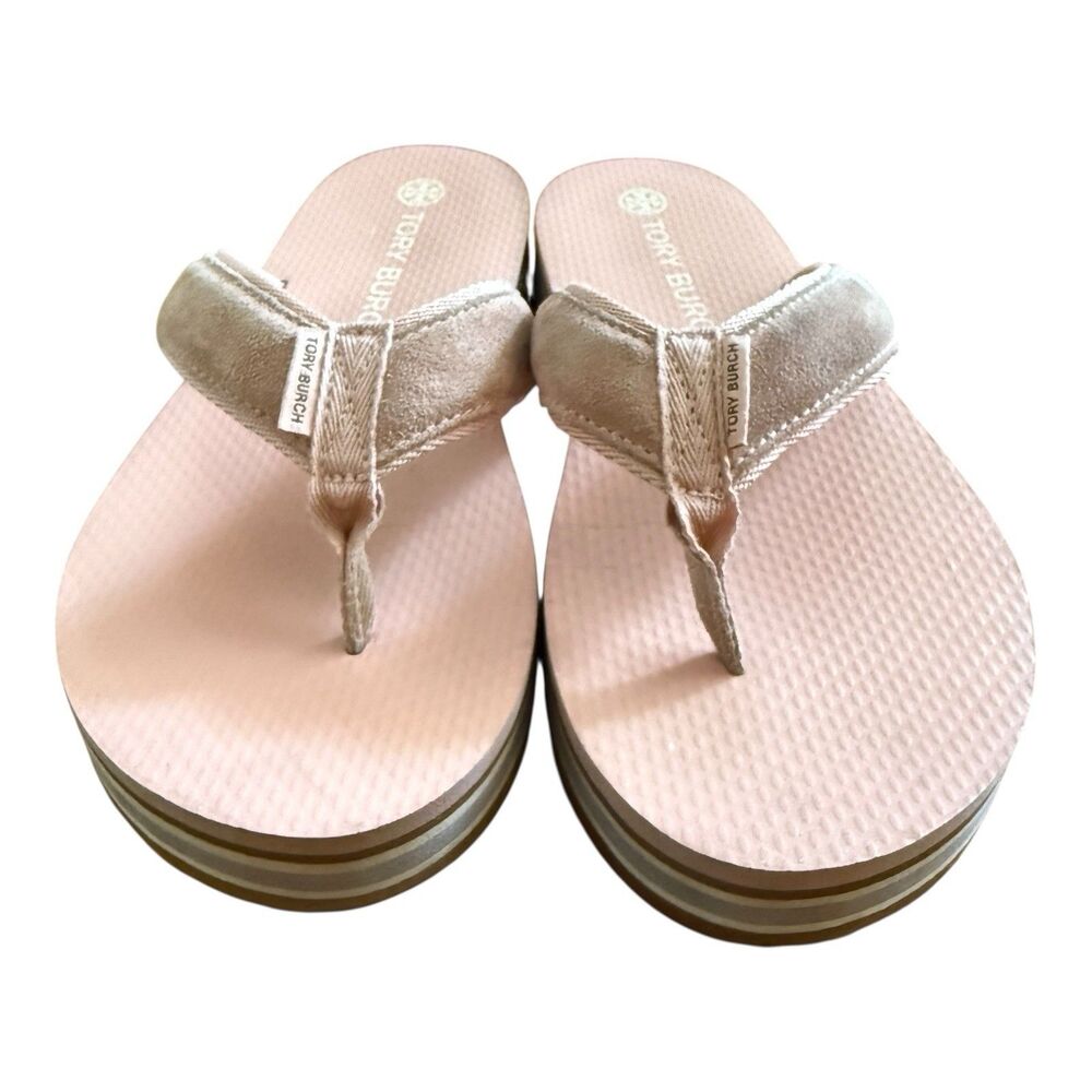 Tory Burch Flip Flops 70s Style Platform Sandals Sz 10 Pink Blush Suede